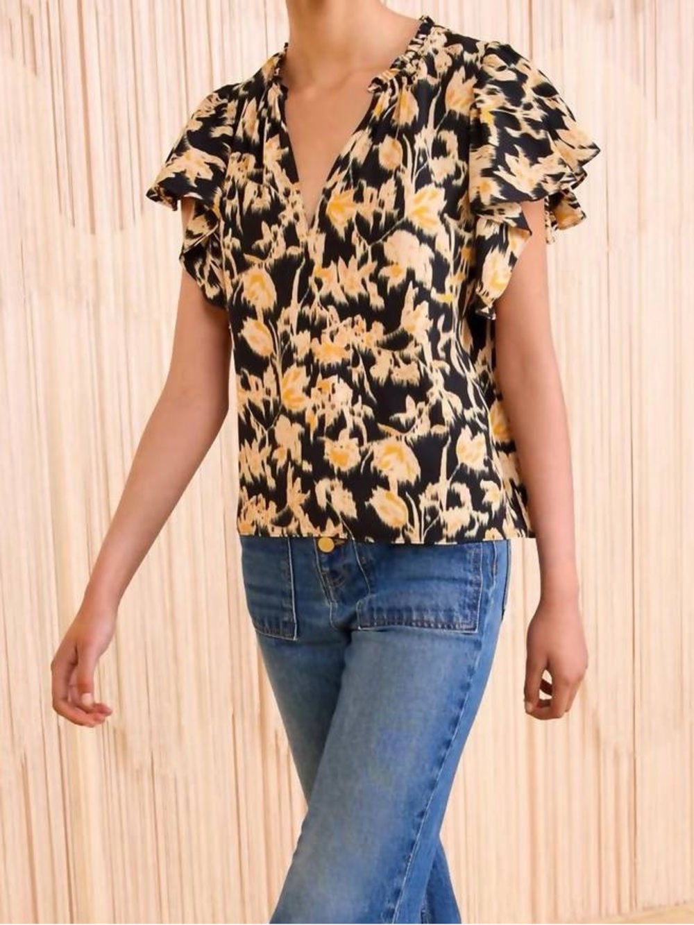 Ulla Johnson Black Blouse with Yellow Floral Print and Ruffle Sleeves